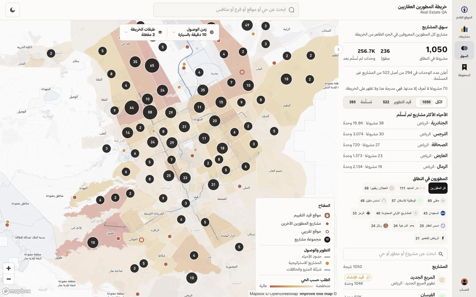 خريطة المطورين العقاريين فوق الرياض، والمشاريع ملوّنة بحسب مرحلتها، ولوحة السوق تعرض المطوّرين في النطاق